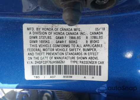 2018 Honda Civic Ex from USA, damaged, VIN 2HGFC2F76JH566261